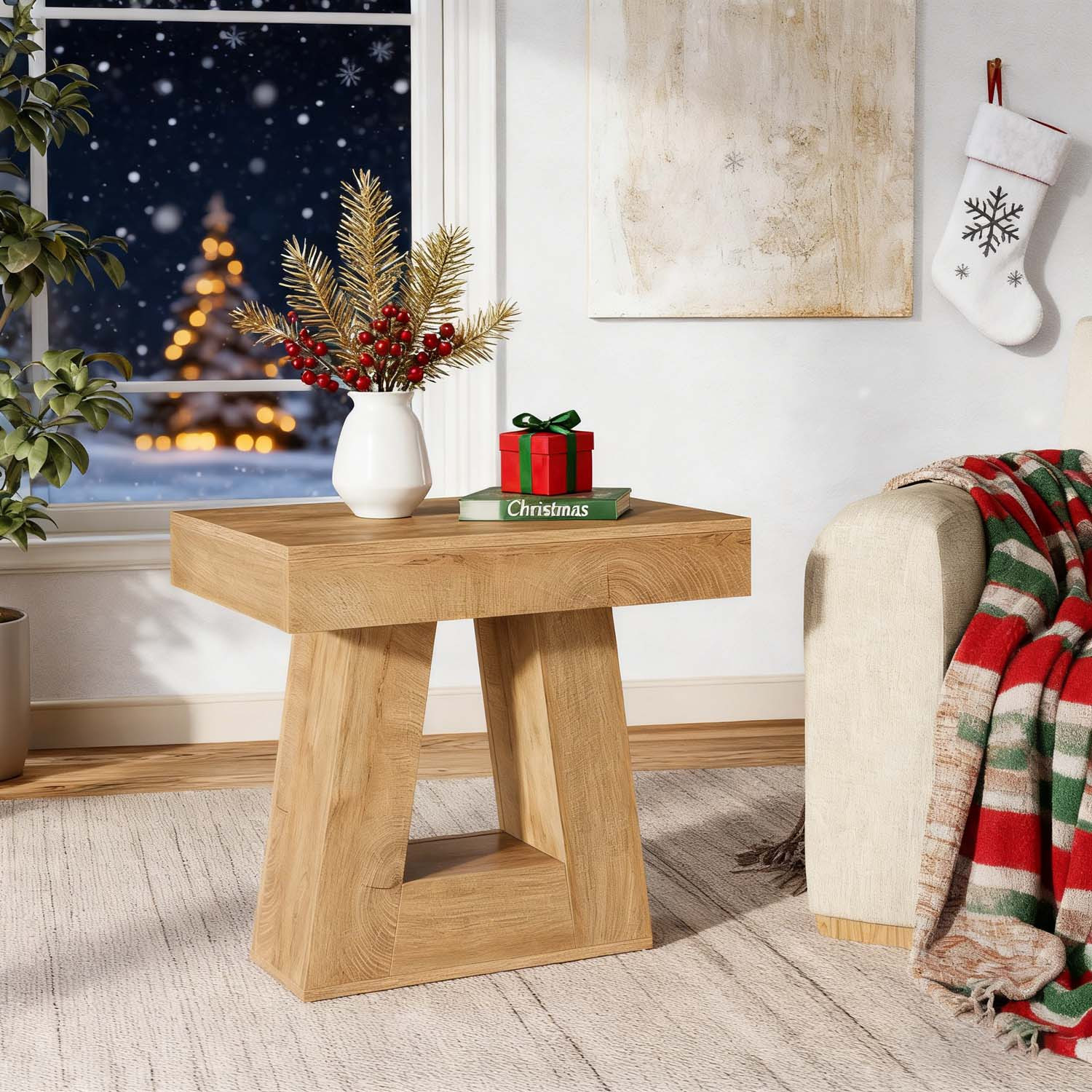 2-tier Narrow Wooden End Table With Base, 24" Modern Small Side Table And Nightstand For Living Room Or Bedroom, Natural , Christmas Accent Table