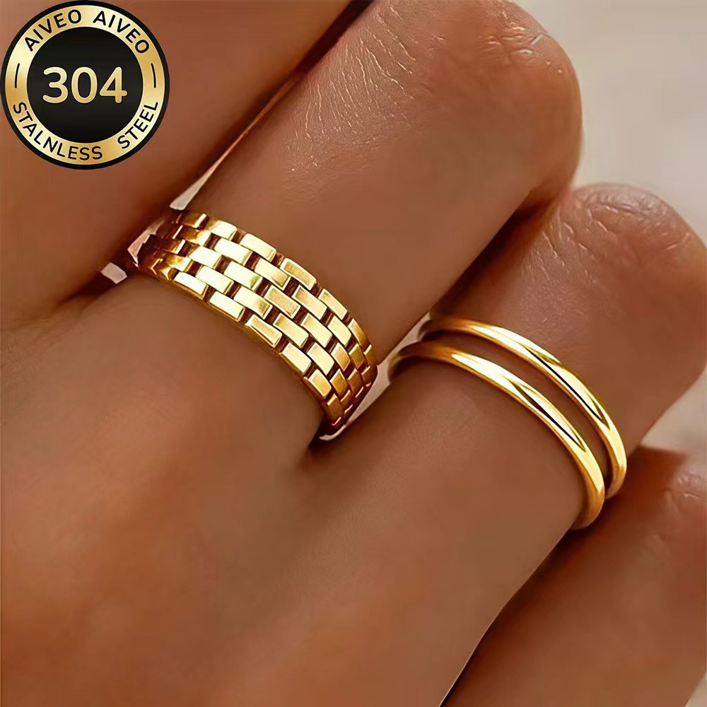 TEMU 2pcs Ring Set High-quality Stainless Steel Low-allergy Golden , Kc Golden Plated, Fade-resistant, Easy And Elegant, Suitable For Daily Wear Or