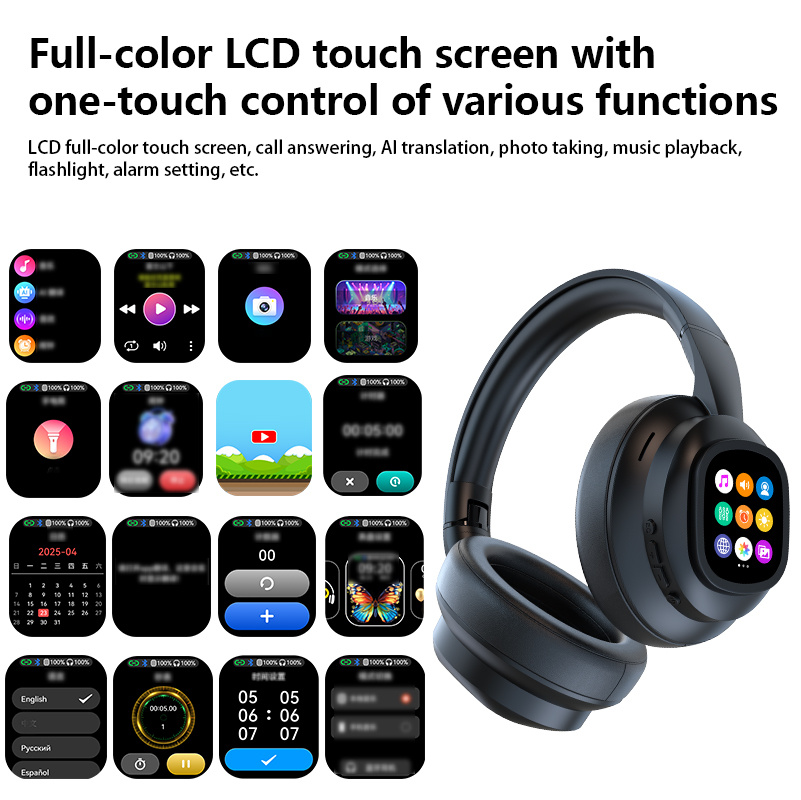 New Hybrid Active Noise-cancelling Headphones(with Touchscreen), Intelligent AI Translation, Remote Control Photography, Wireless Headphones with Microphone, Soft Ear Pads, Multiple EQ Bass, Comfortable Fit Ear Cups, Suitable for Tablets