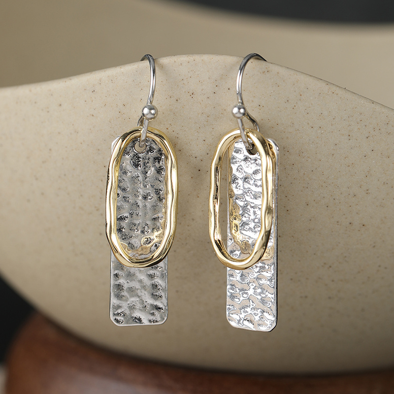 Two-Tone Long Silvery Hammered Drop Earrings for Everyday Wear