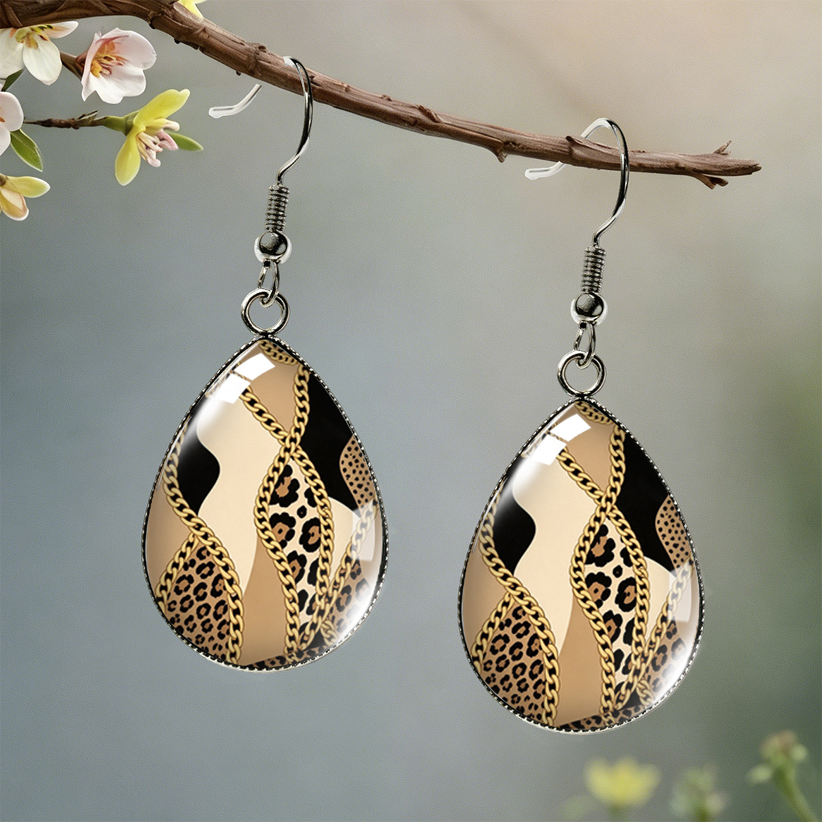 TEMU 1 Pair Classic Leopard Chain Geometric Color-block Pattern Water Drop Earrings, Light Unisex Pendant Earrings, Without Battery