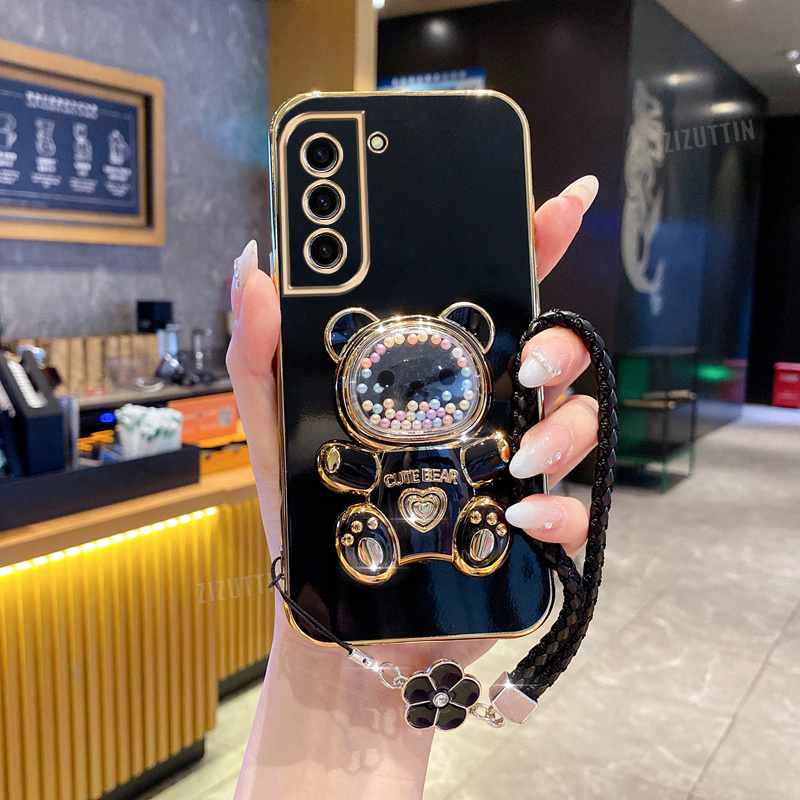 TEMU Phone Case: Durable Plating Clover Phone Holder Case For Galaxy S21 Fe S22 5g Pearl Support Stand Case Cover For Fashion