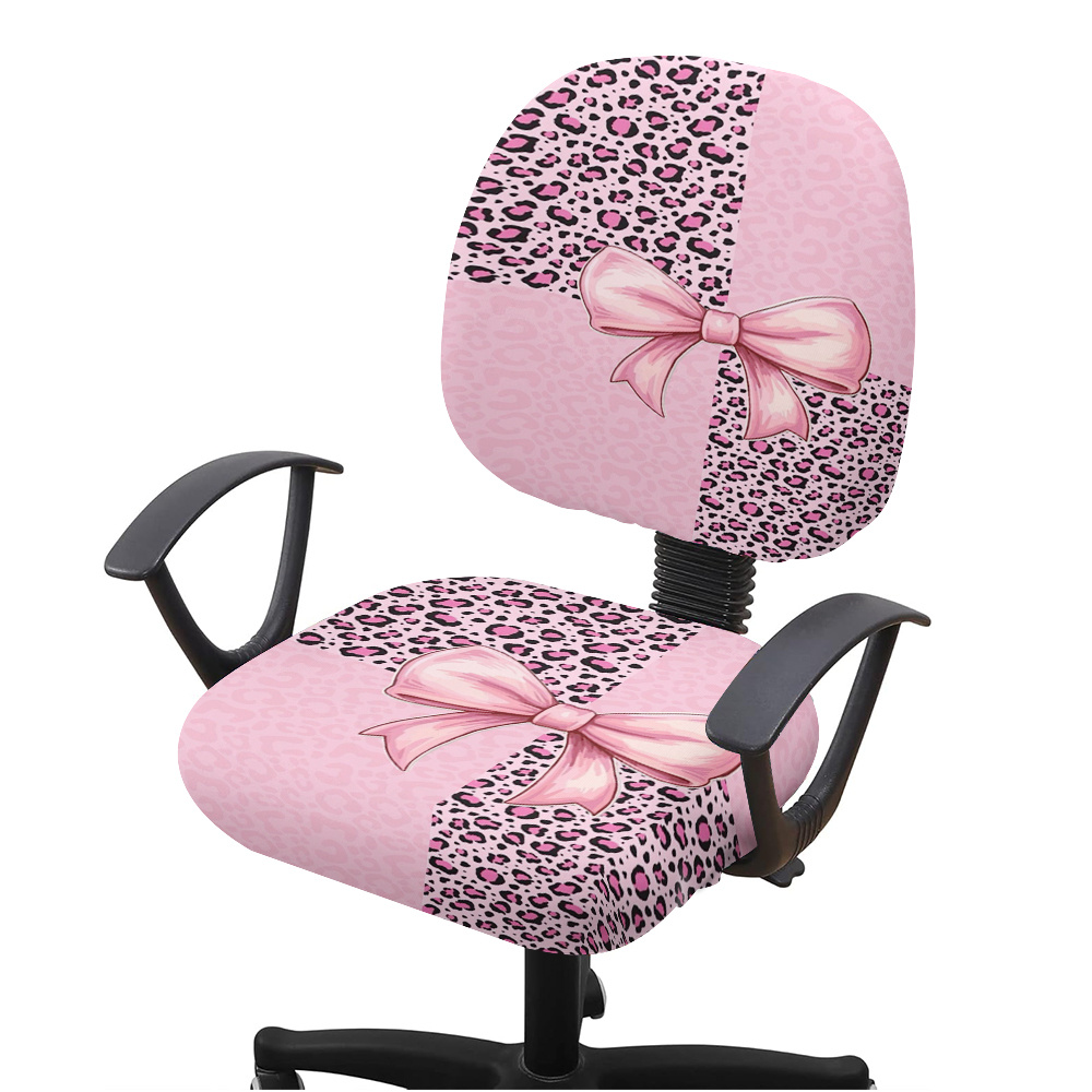 TEMU 2pcs Pink Leopard Print Bow Pattern Elastic Office Chair Cover, Fit Compatible With Desk, Conference, Home Office Chairs, Easy Clean, ,
