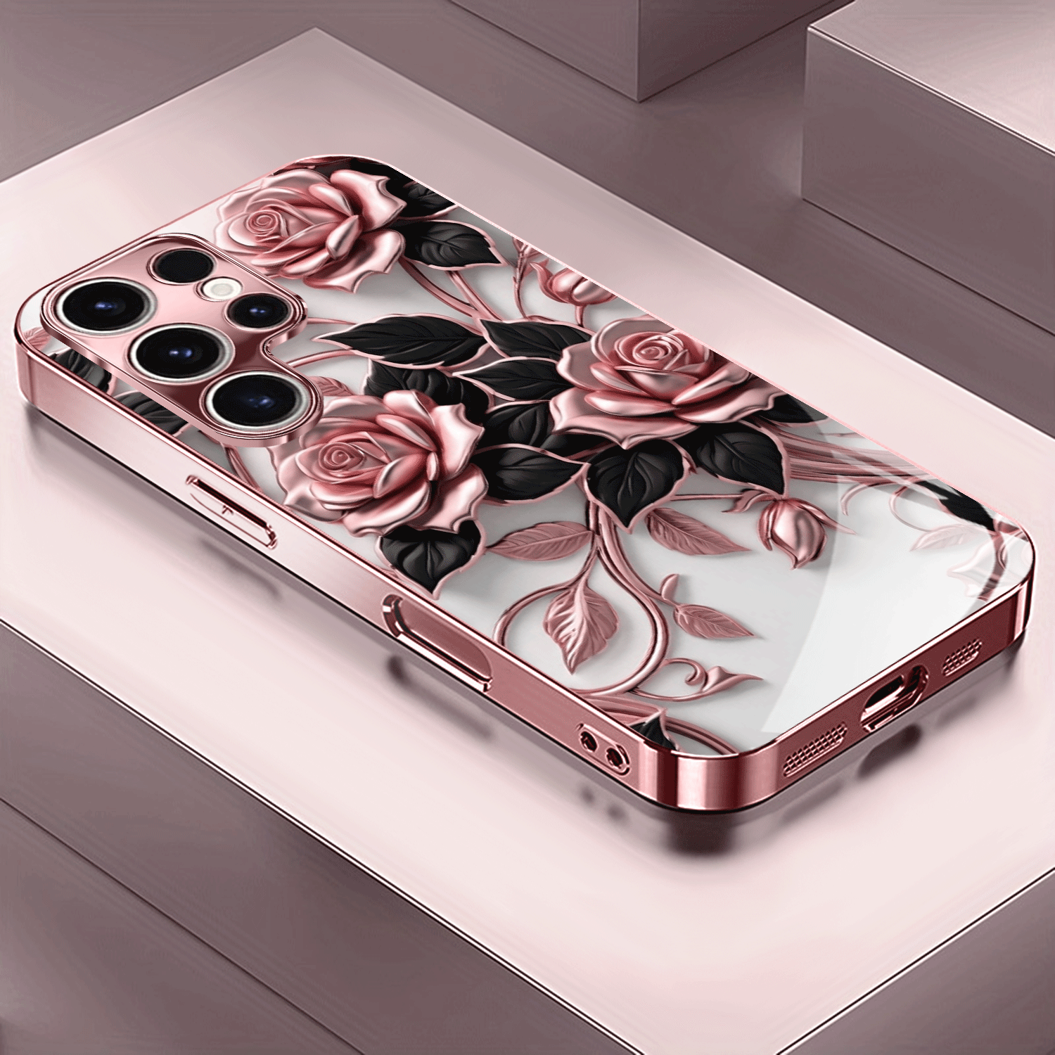 TEMU Phone Case - Rose Pattern Rose Golden/electroplated Pink Phone Case Cover For Galaxy A51/a52/a53 5g/a54/a55/a56/a71/a72/a73/note 10/note 20