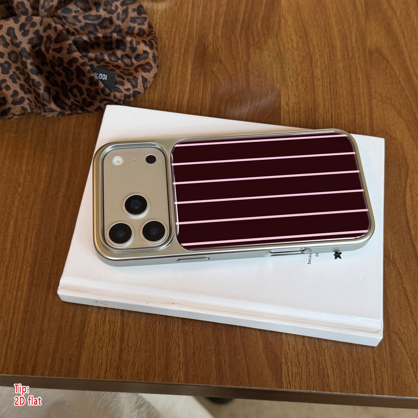 TEMU Phone Case - 1pc 2d Flat Dark Brown Background Pink Vertical Stripes Geometric Pattern Electroplated Silvery Edge Phone Case For Iphone