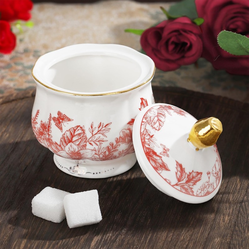 22pcs vintage red floral porcelain tea set with golden-rimmed white & pink bone china tea service,   & storage holder - wedding, birthday, anniversary gift for women, tea party, everyday use - durable & safe mineral-based porcelain, complete set with teapot, 6 cups, saucers, sugar bowl, milk jug & spoons, tea accessories, chinese tea pot, tea cup, magical teapot, tea strainer Product details 3