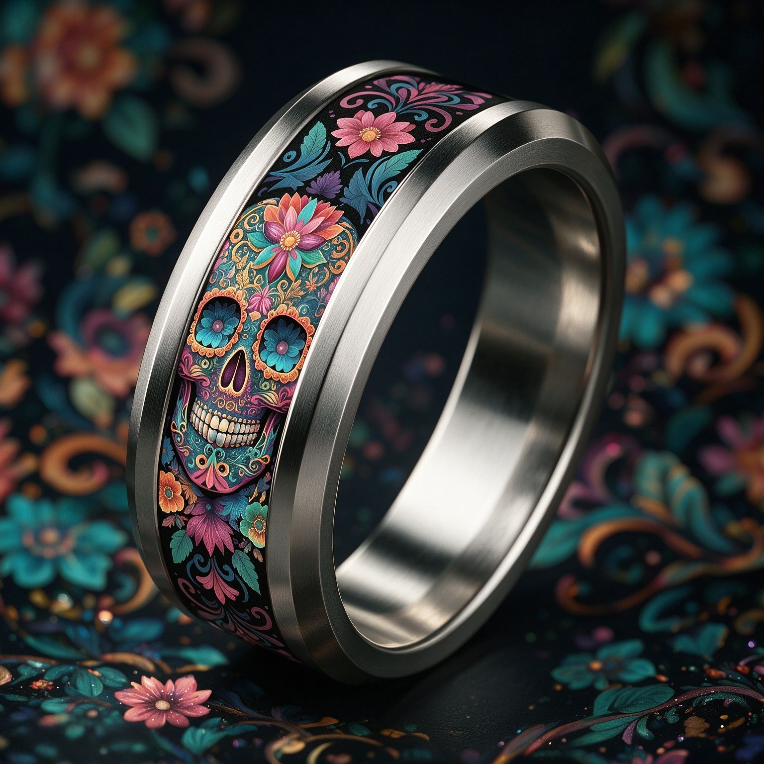 Black Base Multicolor Floral Sugar Skull Print Stainless Steel Ring