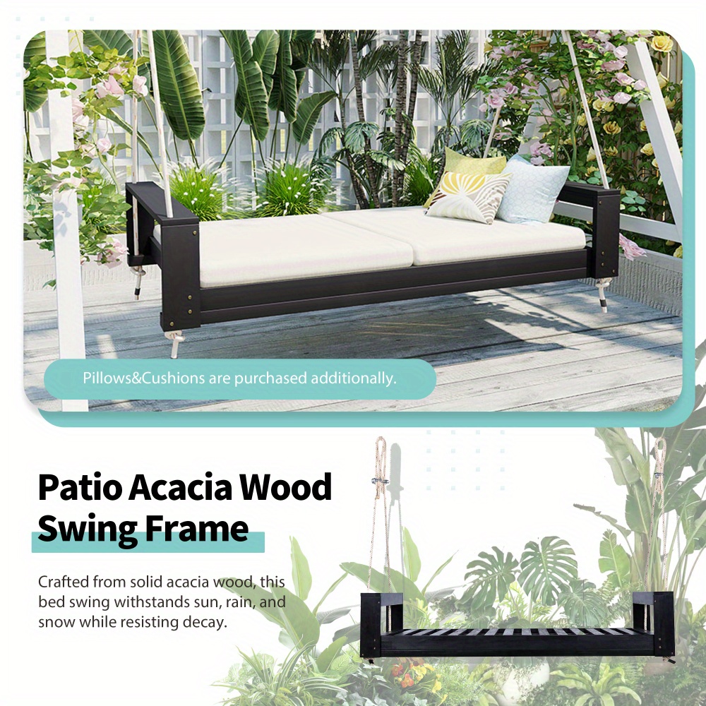 Garden seating. Swing chair. Double-sized porch swing bed seating set with hemp rope swing frame, suitable for gardens and backyards. Minimalist rustic style, ideal for courtyards and gardens. Mattress sold separately.