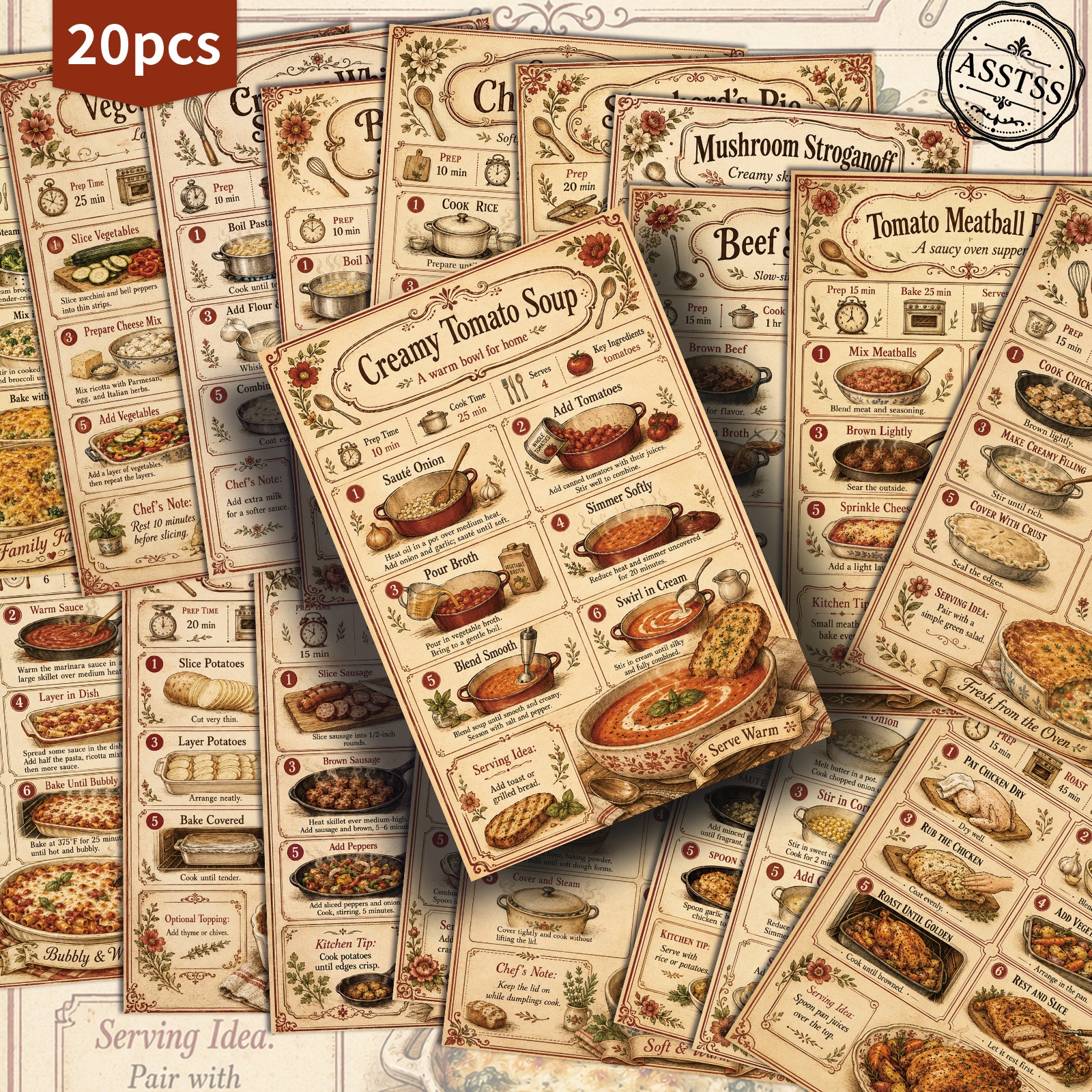 TEMU Lot de 20 cartes postales ASSTSS de recettes de ragoût vintage pour le scrapbooking et le loisir créatif - Cartes rétro sur le thème des et du