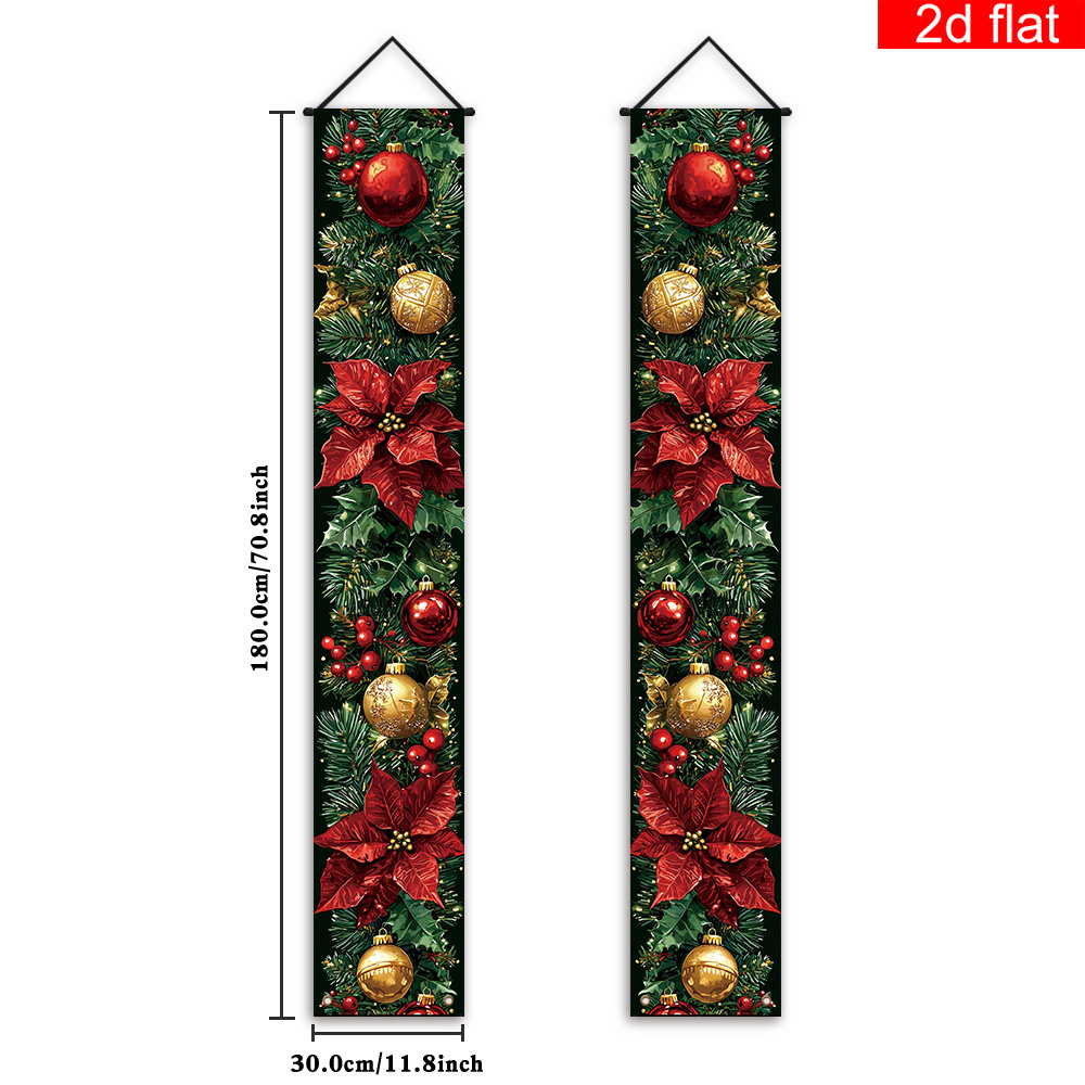 TEMU 2D Plat, Plat 2D Banner, 1 Paar Kerstmis Voordeur Veranda Bord Feest Banners met Vintage Kerstbloemen Hulstbladeren Kerstballen , Geschikt voor