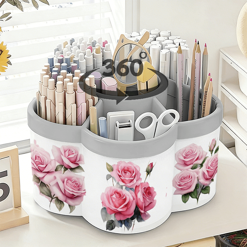 TEMU Rotating Pen Holder And Cosmetic Storage Box | 3 Bunches Of Pink Rose Stickers - 360° Rotating Convenient Desktop Storage Box | Large-capacity