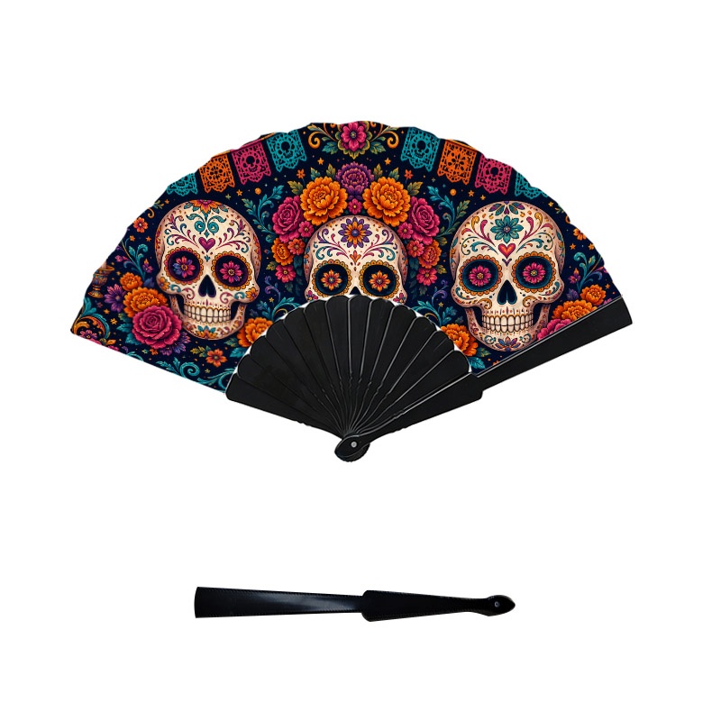 TEMU 2d Flat - 1pc 2d Of The Dead Sugar Skull And Floral Pattern Plastic Hand Fan, Festive Decorative Handheld Fan With Colorful Candles And Papel