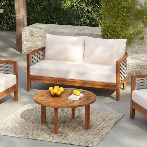 2pcs acacia patio furniture set outdoor unique tub design loveseat with woven rope table deep seating with soft cushions for porch garden backyard balcony teak end and beige cushion