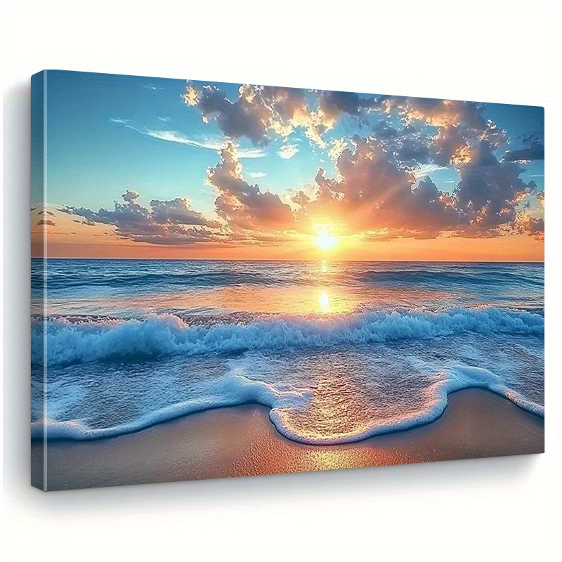 2d flach, 2d flach, horizontale holzrahmen, 1 stück gerahmtes leinwandbild sonnenuntergang   gemälde, lebendige friedliche strand   dekor mit holzrahmen,   für wohnzimmer, schlafzimmer, büro oder küsten themenbereich