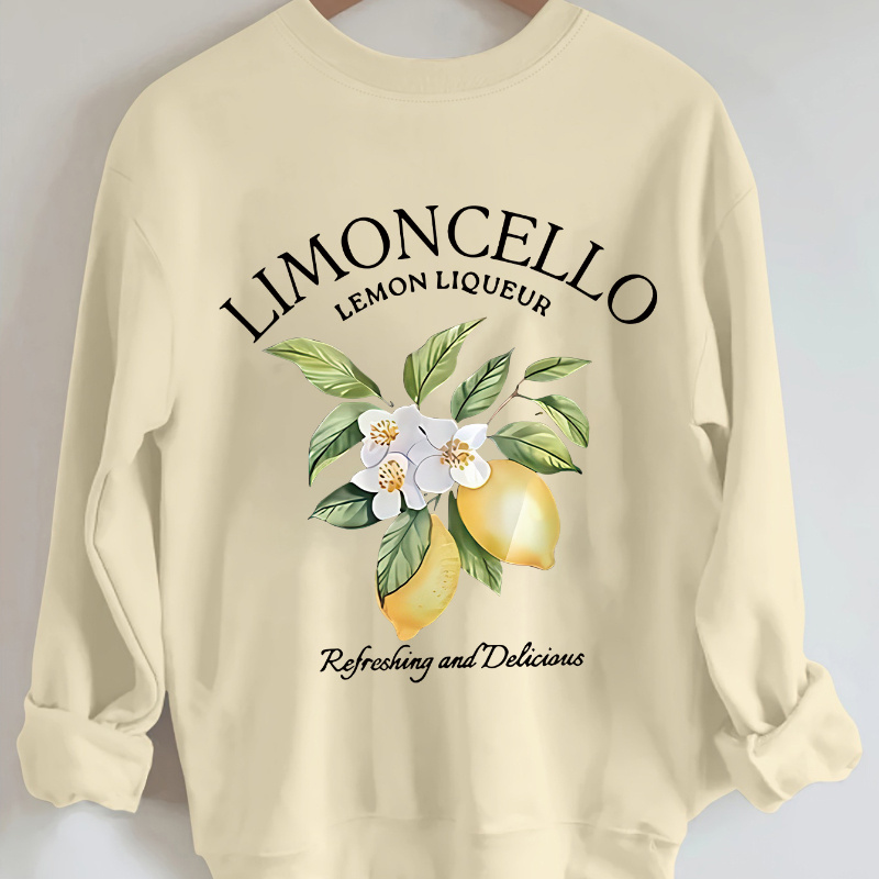 

Limoncello Lemon Liqueur Sweatshirt, Casual Crew Neck, Polyester Knit Fabric, Long Sleeve Pullover, With Fruit & Vegetable Pattern, For Women, Fall/winter Collection