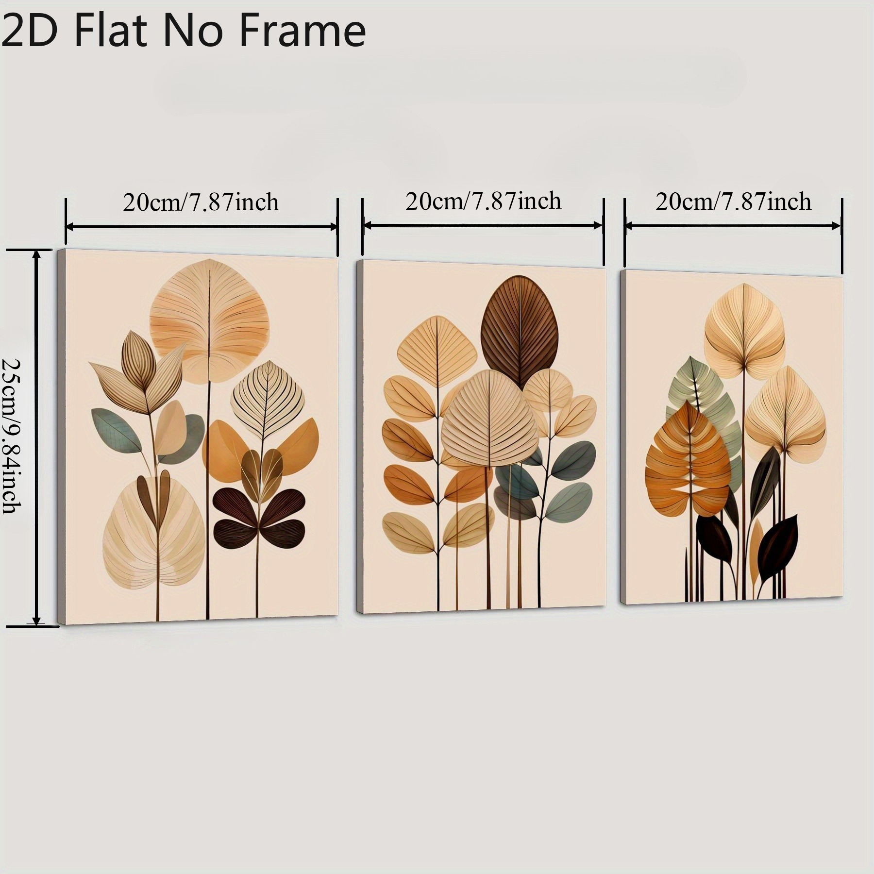 TEMU Lot de 3 panneaux muraux verticaux modernes cadre 2D plats à motif de feuilles médiévales - Vert riche, Noir, Beige, Convient pour chambre,