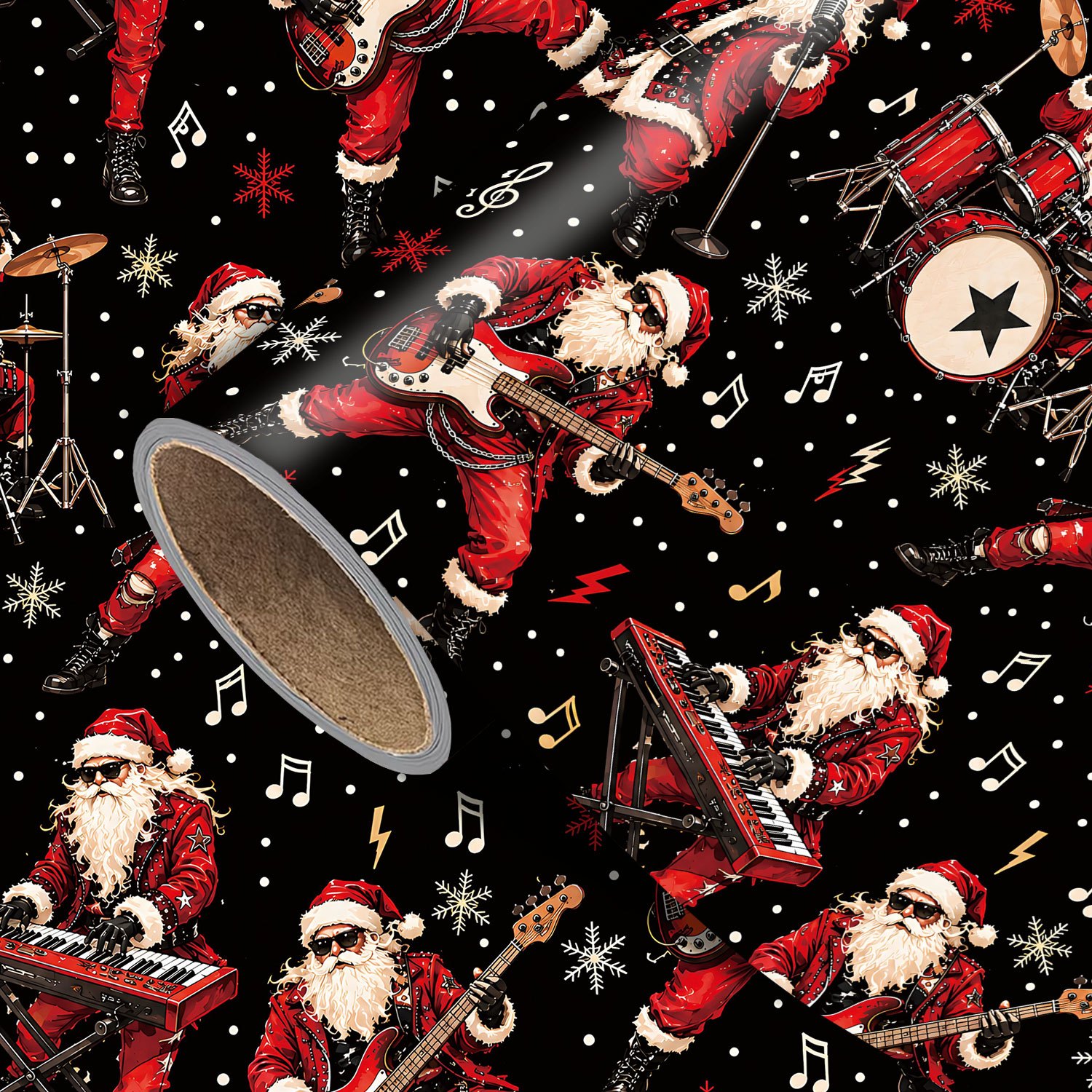 TEMU Rouleau de de Noël Rock Star Santa - 17.7 X 118 pouces, papier d'emballage cadeau de Noël noir avec Santa qui de la guitare, des tambours, des