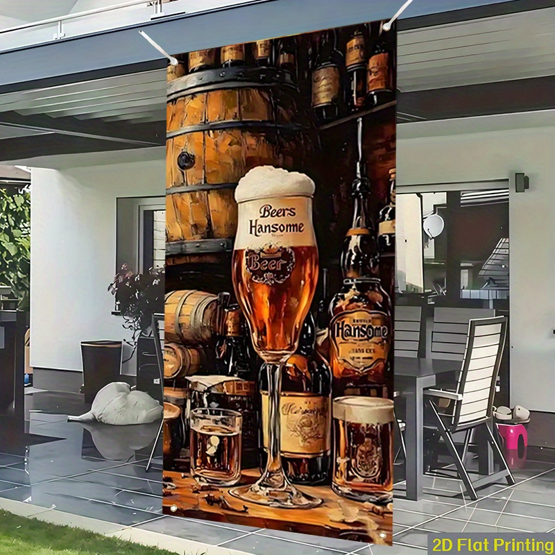 TEMU 2d Flat, 1pc Beer & Wine Themed Advertising Sign - Suitable For Indoor/outdoor Decoration With Beer Bottles & Wine Glasses, Banner For Parties,