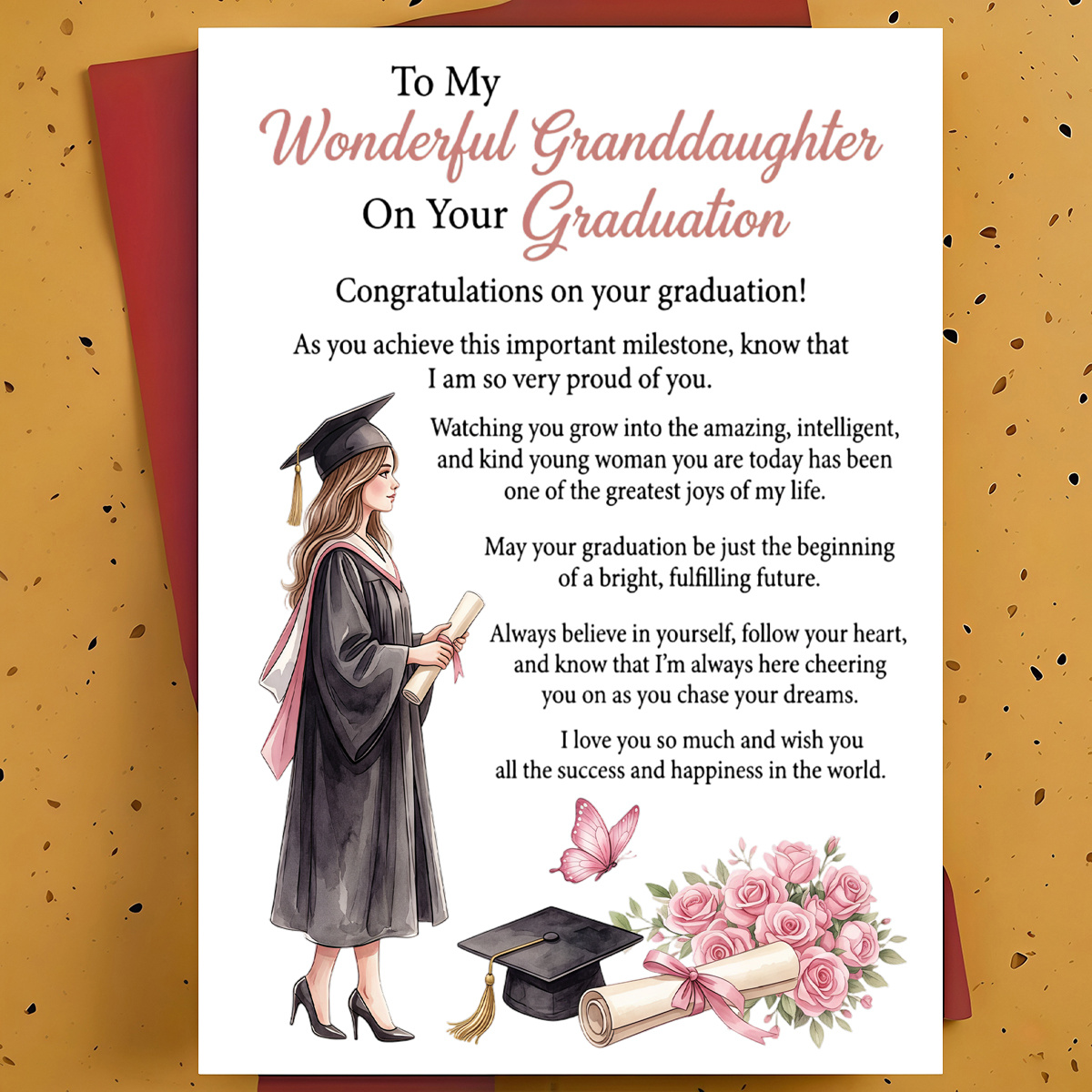 TEMU 1pc Graduation Greeting Card For Granddaughter – Female Graduate Pink Roses Watercolor Illustration, Sentiment Card, With Envelope