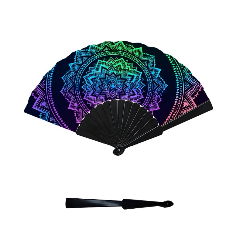 TEMU 1pc Bohemian Mandala Handheld Fan - Psychedelic Neon Gradient Portable Cooling Fan With Plastic Slat , Portable Suitable For Outdoor Hiking,