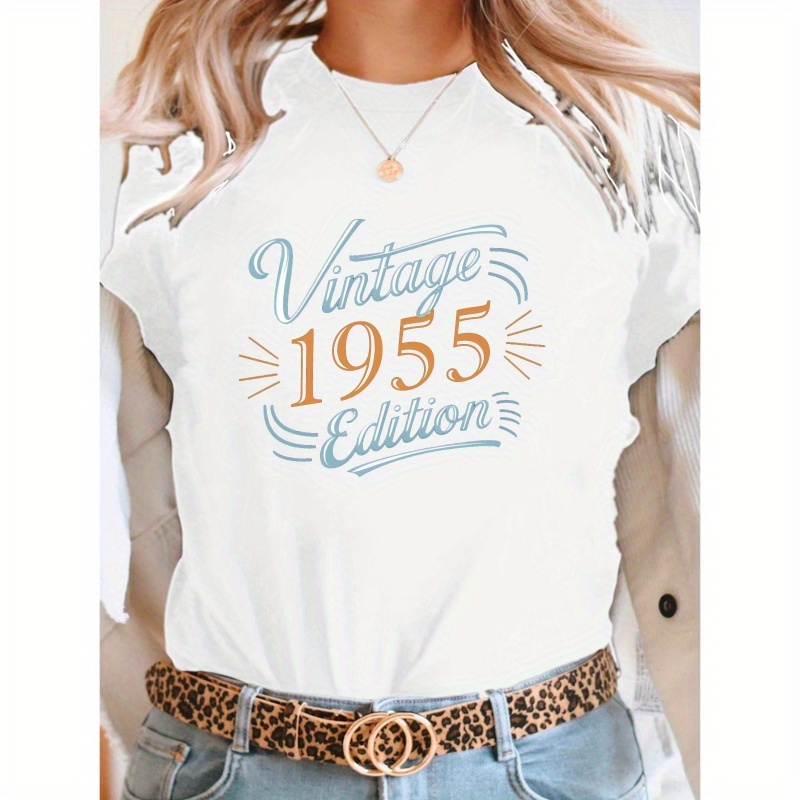 

Retro Version Vintage 1955 Print T-shirt, Short Sleeve Crew Neck Casual Top For Summer & Spring, Women's Clothing