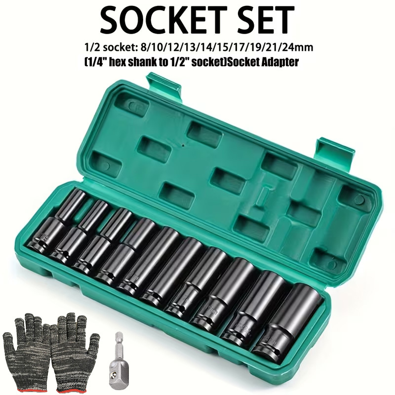 TEMU 11pcs 1/2" Drive Impact Socket Set | Heavy-duty Metric Socket Set With Extension Bar