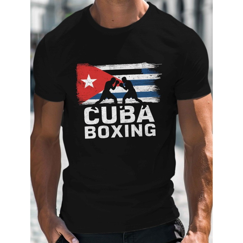 

Men's Cuba Boxing Graphic Tee - Casual Crew Neck Short Sleeve T-shirt, Lightweight Summer Top With , Comfortable Polyester For Casual Attire, Sports Enthusiast Apparel | Graphic Tee |