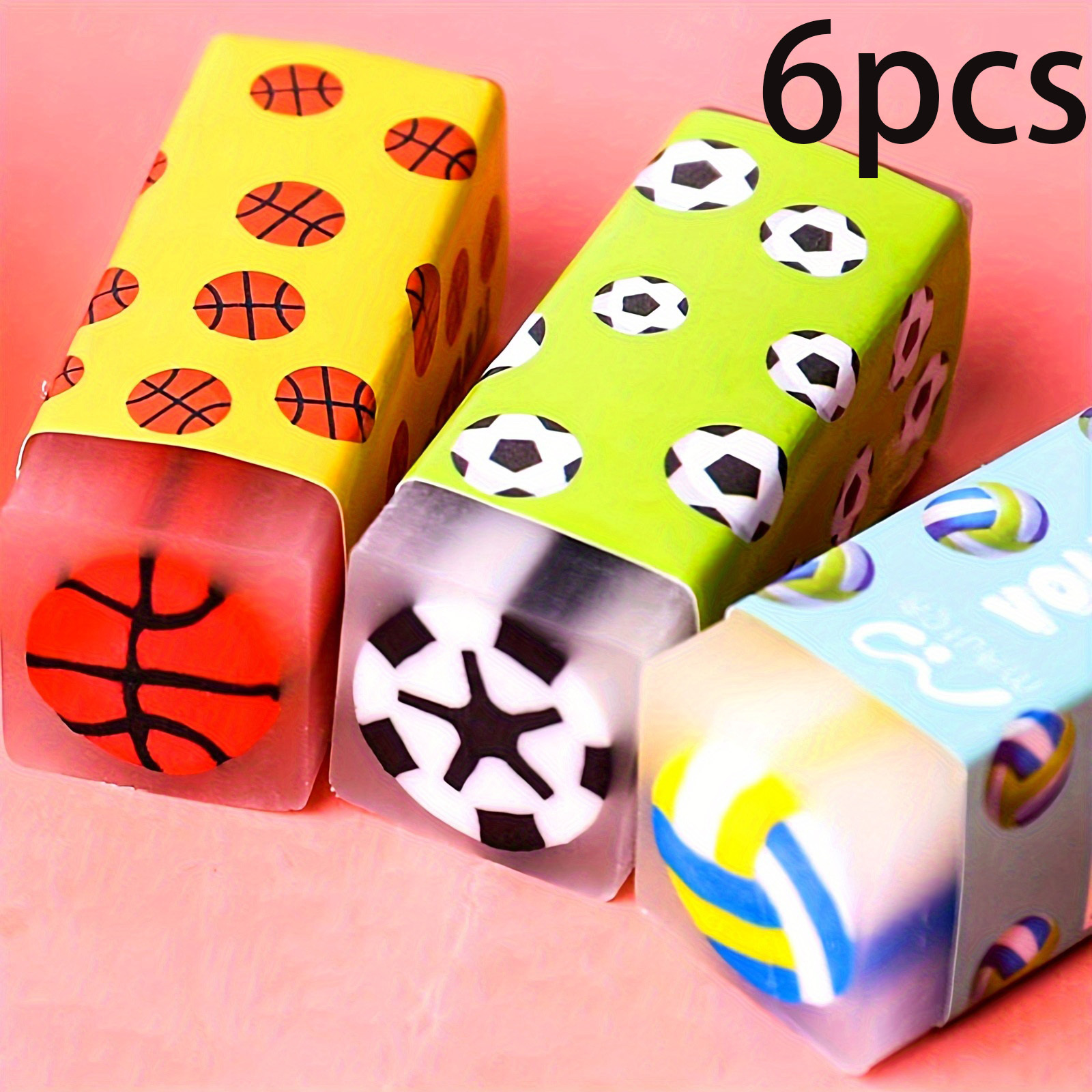Image of 6pcs Random Assortment Of Sports Erasers (including Basketball, Soccer, And Volleyball Styles), Fun Erasers Are Suitable For Sports-themed Birthday Parties, Gifts, Classroom Rewards, Study Supplies