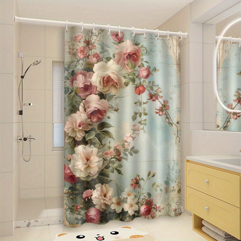 TEMU 1pc Vintage Floral Background Pattern Shower Curtain, High-end Elegant Bathroom Curtain, Shower Curtain Home Decoration Pattern Printing,