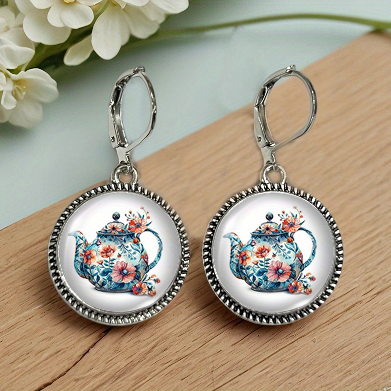 TEMU 1 Pair Of Floral Teapot Retro Earrings Round Glass Earrings, Without Battery