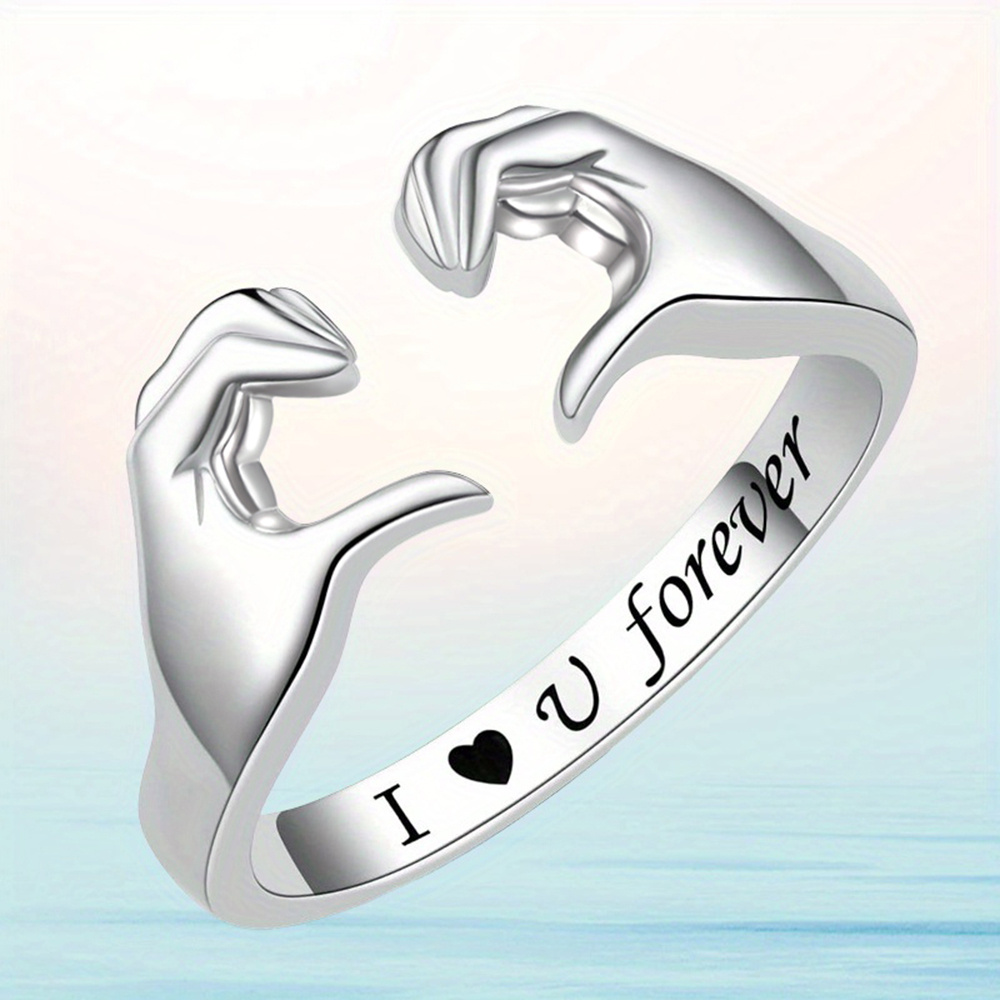 Image of Classic Romantic Open Adjustable Ring With Engraved "love" Hand Gesture And Letters, Women's Fashion Jewelry Accessory For Daily Wear, Dates, Parties, And Vacations, Exquisite Valentine's Day Gift