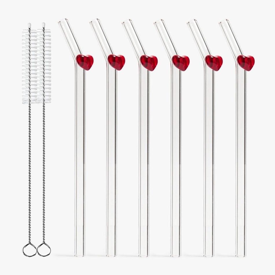 TEMU Set Of Sweet-heart Glass Straws Featuring 6 Straws And 2 Brushes, Designed With Colorful Heart Decorations. Reusable Clear Bent Glass Drinking