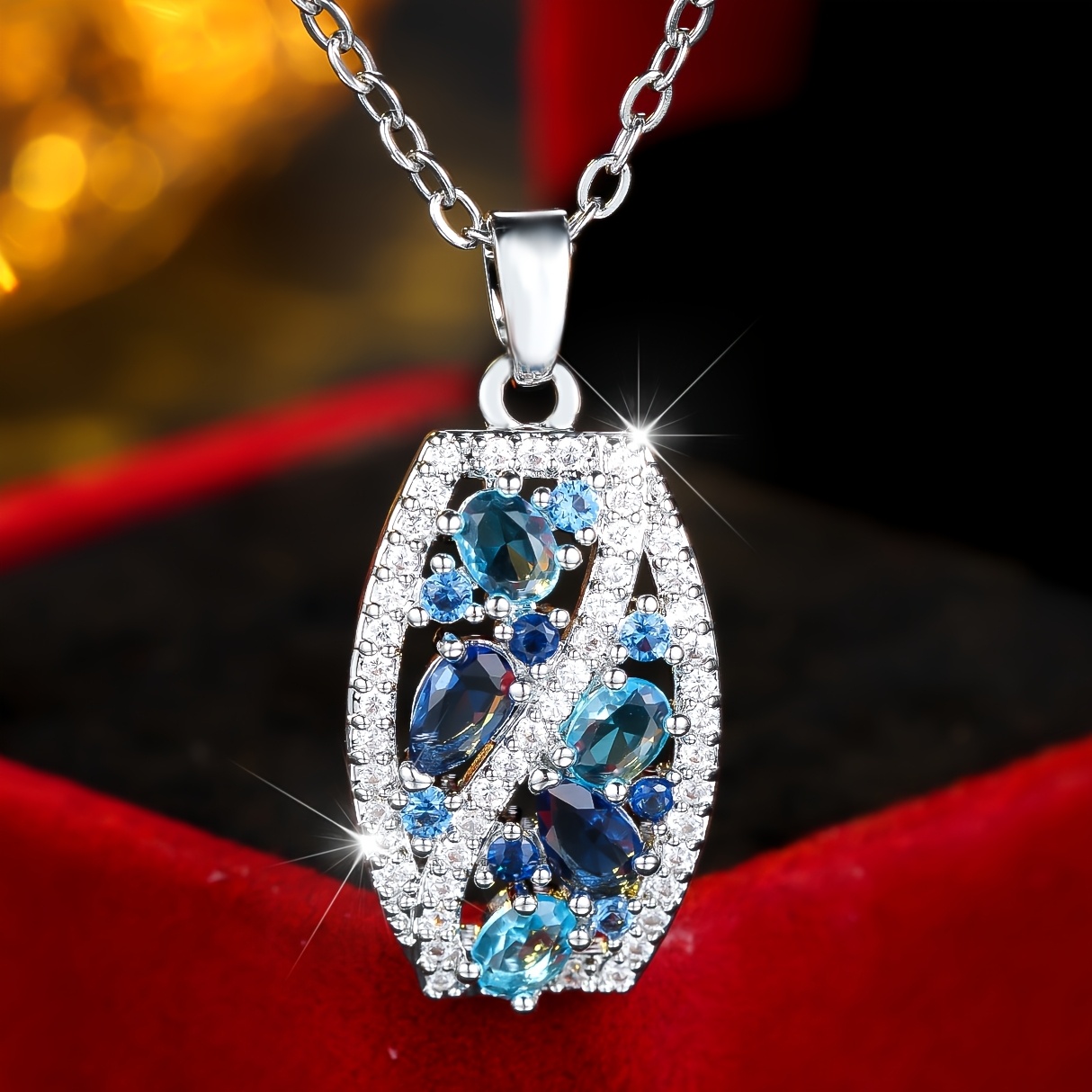 TEMU Readkiss Women' Luxury Blue Synthetic Zirconia Necklace - Elegant Geometry Pendant With K Plating Suitable For Parties, Daily Wear, March &