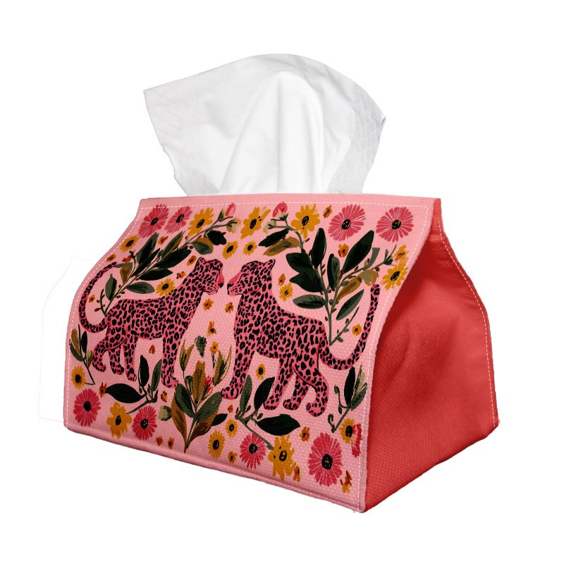 TEMU 1pc Maximalist Floral Jungle Tissue Box Holder In Pink Leopard And , Made Of Soft Fabric Stitching And A Lid. To Clean, Foldable, And Decorating