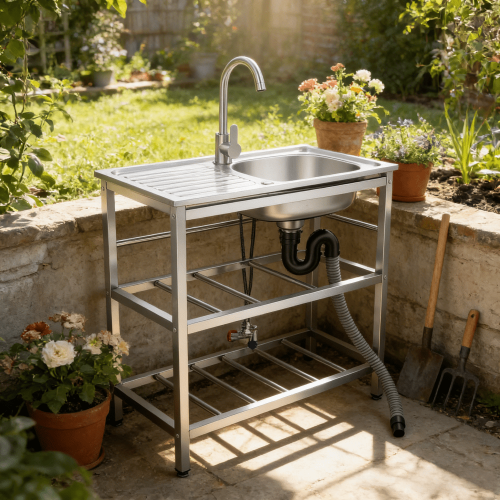 Image of Multipurpose Outdoor Sink Station - Weather-resistant Stainless Steel Utility Sink With Faucet, And Storage Shelves. Freestanding Design For Backyard, Garage, Patio Setup