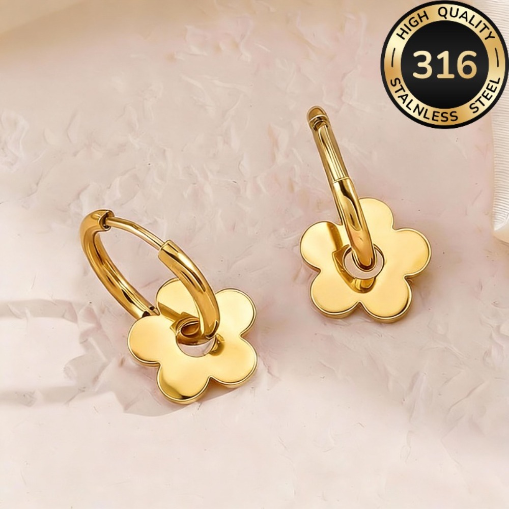 TEMU High-quality Hypoallergenic Stainless Steel Flower Dangle Earrings, 18k Golden Plated & Fade-resistant. Comfortable, Elegant And Versatile For