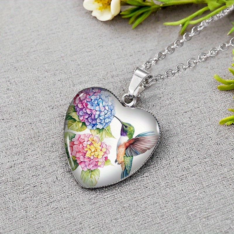TEMU 1 Hummingbird And Hydrangea Heart-shaped Pendant Glass Necklace Handmade Men's Accessory