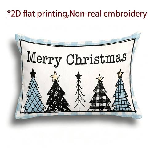 Artikelbild weihnachtskissenbezug frohe weihnachten, 12x20 zoll, einseitig bedrucktes design ohne kissenfüllung, mit 5 einzigartigen, gemusterten weihnachtsbäumen auf hellblauem gingham-hintergrund mit handgezogenem rand, festliche heimdekoration für sofa, couch und schlafzimmer