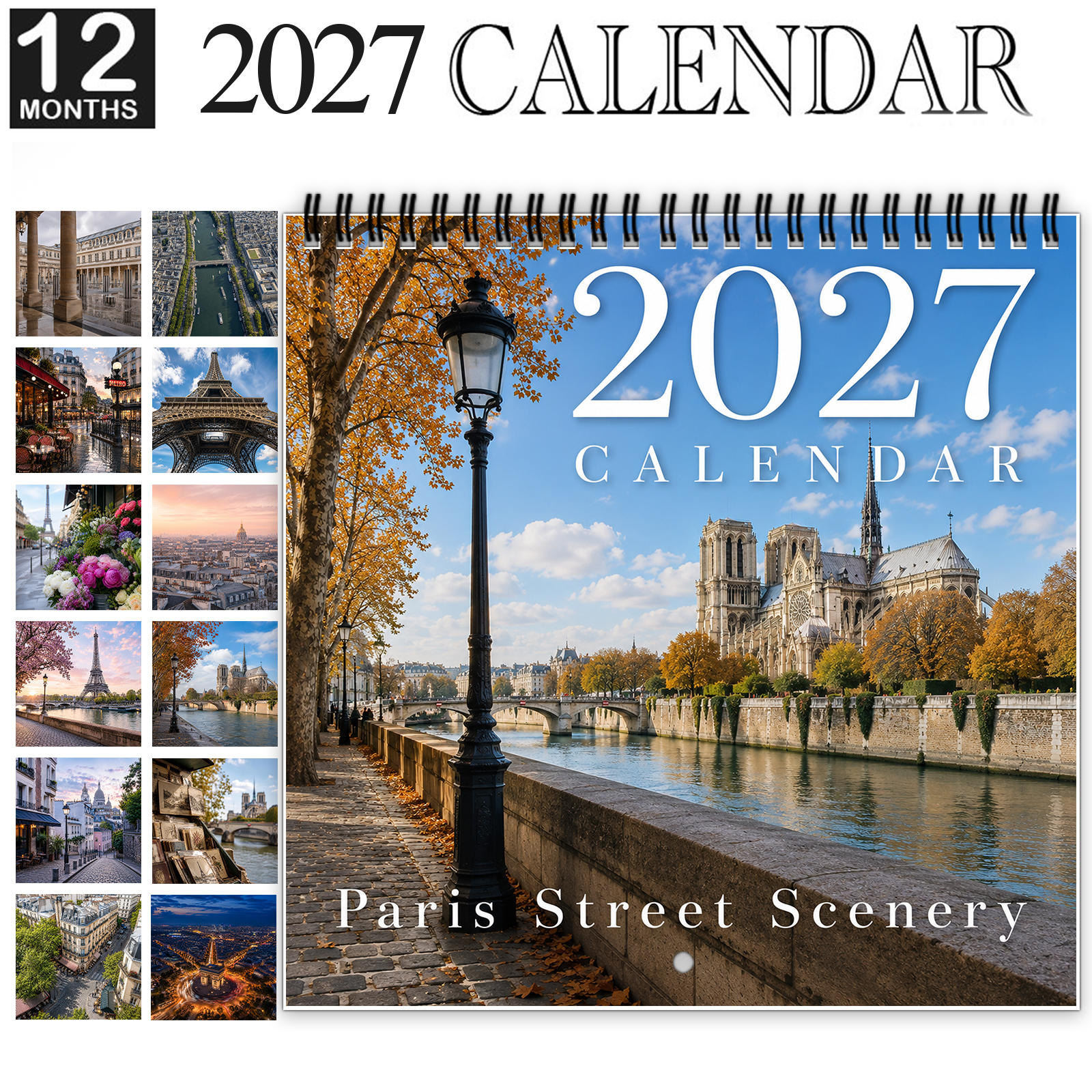TEMU 1pc 2027 Paris Street Wall Calendar, Spiral-bound 12-month Calendar With Large Date Blocks, Featuring Iconic Landmarks, Charming Streets, And
