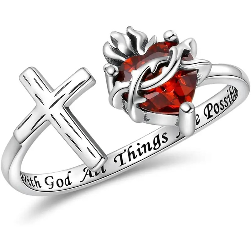 Image of Vintage Style Adjustable Ring With Red Heart-shaped Zirconia Inlay, Engraved For Women, Perfect For Festivals, Parties, Casual Wear, And Daily Use