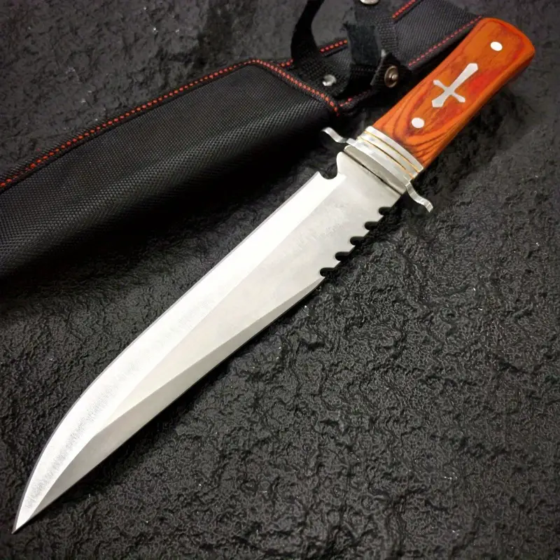 inch outdoor straight knife with a 7 4 inch blade length serrated design wooden handle with metal decoration with a black knife sheath a practical tool for the outdoors and a mens knife Product details 5