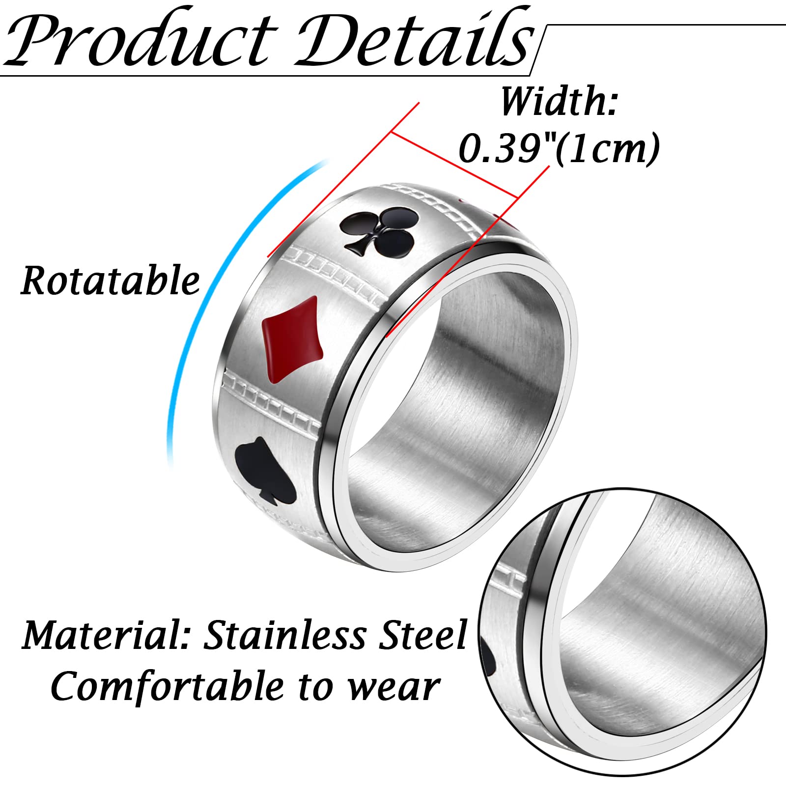   10mm poker spinner ring ace spades playing card rotatable fidget anxiety relief ring mens stainless steel bands, silvery tone(us 10), focus aid, calming jewelry, minimalist jewelry, modern fidget,  , hypoallergenic ring, spinning ring, fidget jewelry, adhd tool,   accessory Product details 0