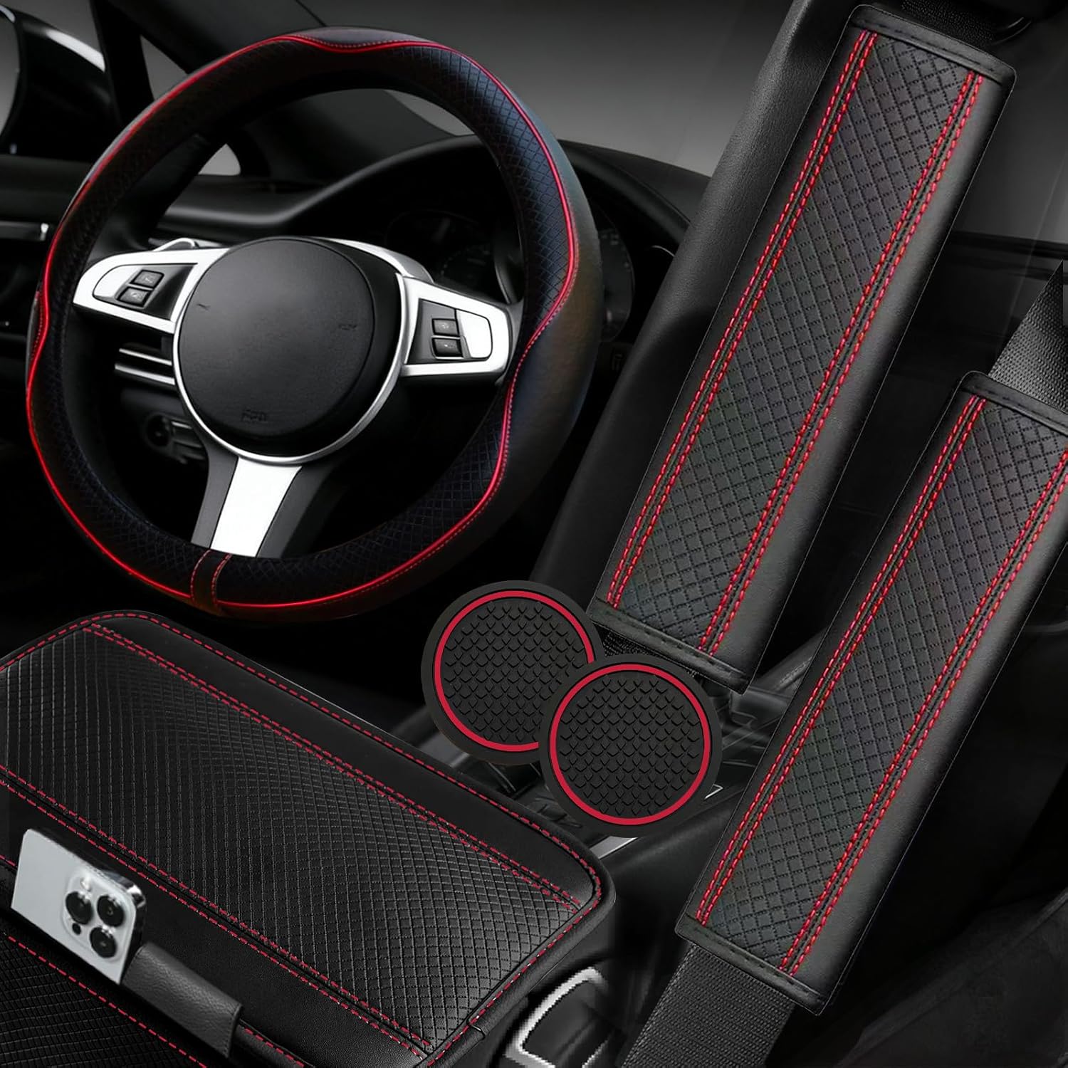 6pcs Car Steering Wheel Cover Set, Microfiber Steering Wheel Covers Universal -15 Inch, Center Console Cover, Seat Belt Cushion, Cup Holder Coaster, Car Accessories Set Pink