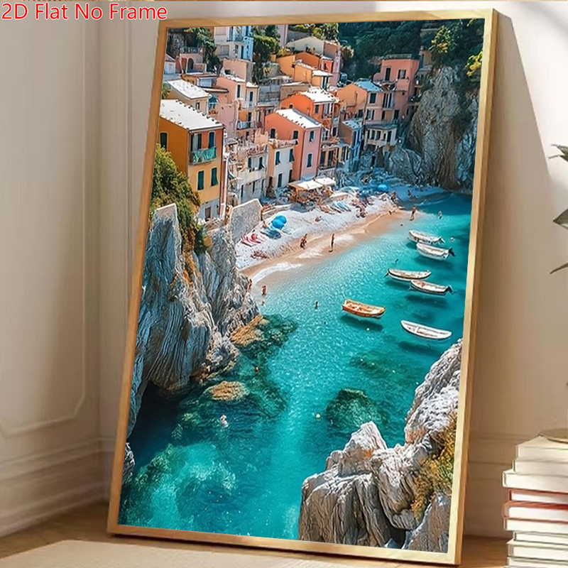 TEMU 2d Flat, Posters & Prints 2d Flat Unframed Canvas Painting, Italian Wall Art - Italian Canvas Print With Pine, Turquoise Mediterranean And