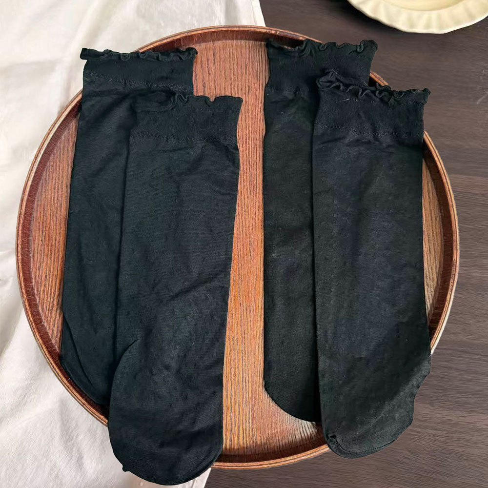 TEMU 2 Paires de Chaussettes Fines Couleur Unie à , Chaussettes Élégantes Plissées, Chaussettes Transparentes Fines, Chaussettes Rétro Couleur Unie