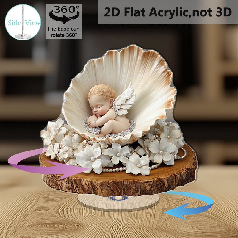 TEMU 2D-Flach, . 2D-flache drehbare Acryl-Tischdekoration, Ornament, zeigt eine verträumte Babys mit Flügeln großen Muscheln, umgeben von eleganten