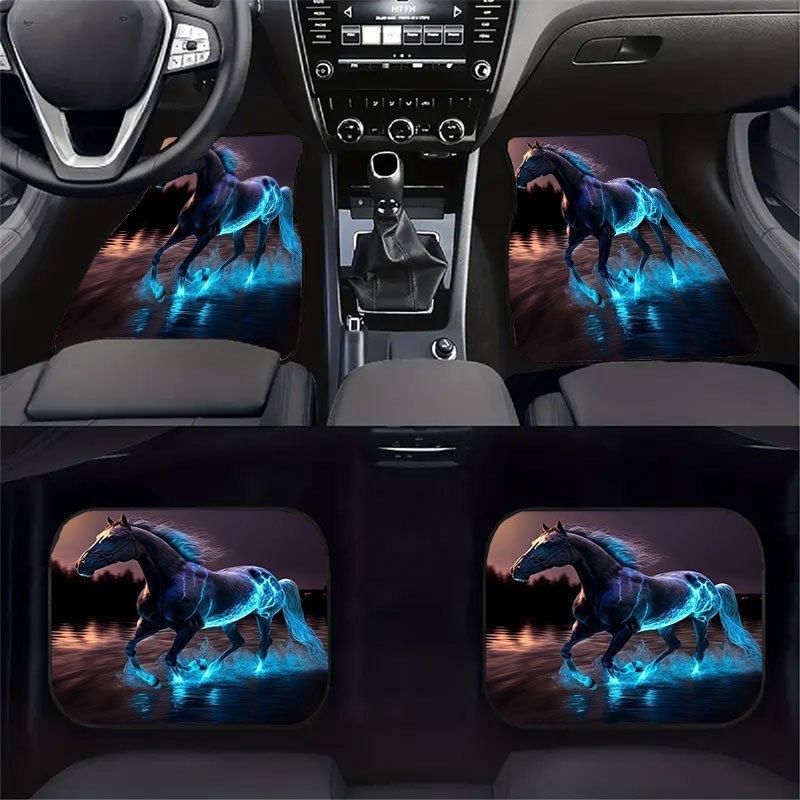 4pcss Blue Flame Horse Pattern Car Floor Mat Set, Anti-slip Mat, 4pcs Set Decorate , Effectively Collect Hair, Keep Interior Tidy, Easy To Clean, Perfect Interior Decoration, Ideal Gift