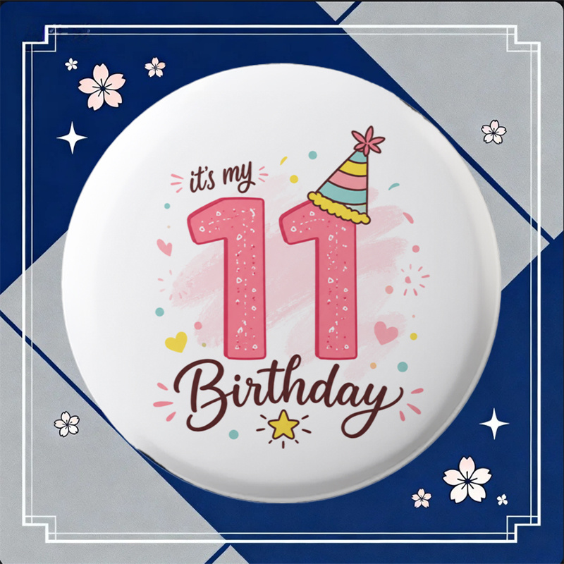 TEMU 2d Flat, 2d Flat Round Badge Designed For 11th Birthday Celebration, Cute Cartoon Style With Large Pink Glittery Wearing Striped Party Hat, ' My