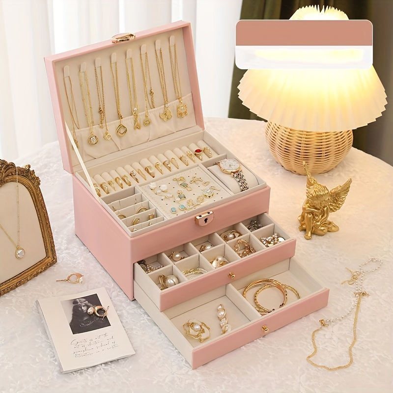 Estuche de Almacenamiento para Joyas de Cuero Sintético con Estilo, Caja de Joyería con Tres Cajones, Elegante Caja de Exhibición para Escritorio, Múltiples Compartimentos para Collares, Pendientes, Anillos y Pulseras, Cierre de Botón, Forro de Tela