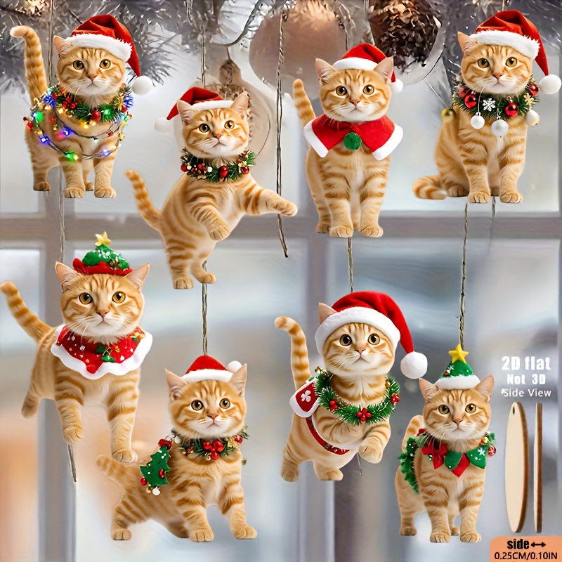 TEMU 2d Flat, 2d Flat - 8pcs Set Of Adorable Orange Tabby Cats In Various Christmas Outfits, Wooden Hanging Ornaments - 2d Flat, Not 3d | , Made Of